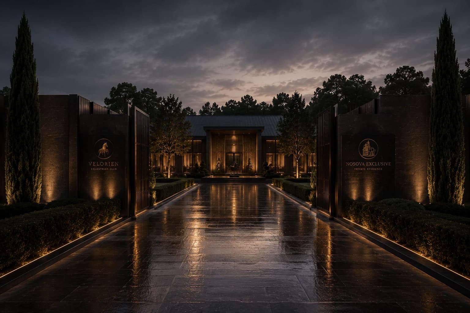 Private Equestrian Architecture entrance axis at dusk with a reflective approach and illuminated stone walls.