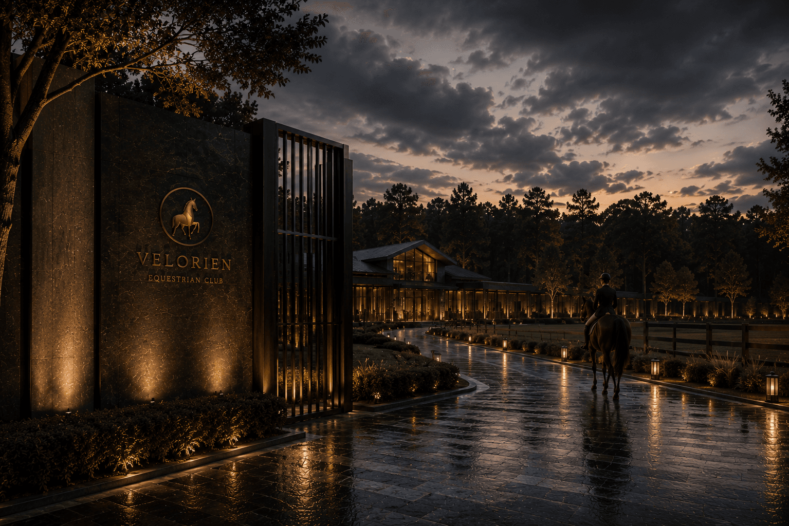 Private Equestrian Architecture arrival gate at dusk with a glowing drive, distant clubhouse, and equestrian rider approach.