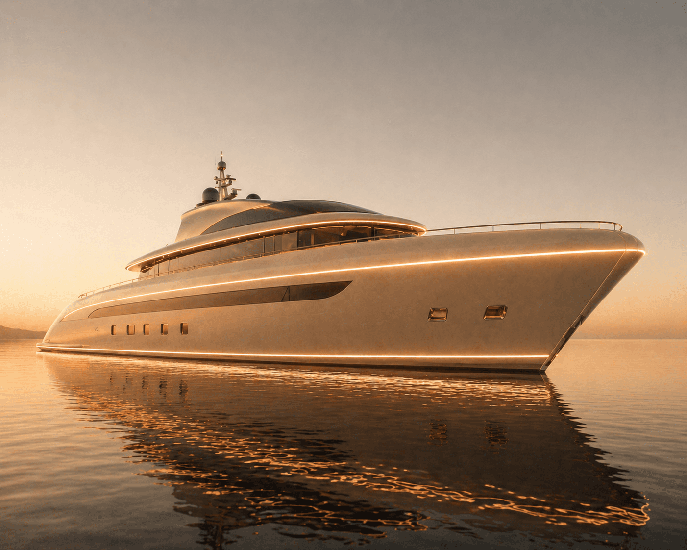 Nosova World private yacht at golden hour with luminous deck lines and calm reflective water.