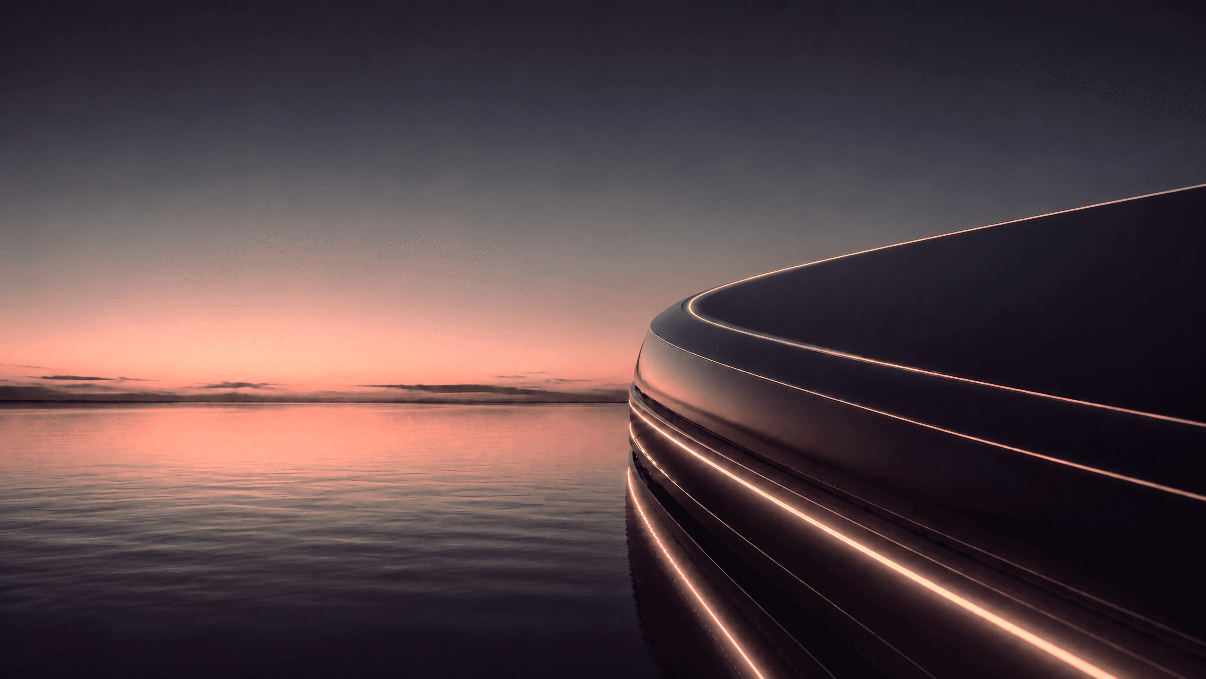 A luminous curved yacht form over still water at dusk with a rose horizon to the left.