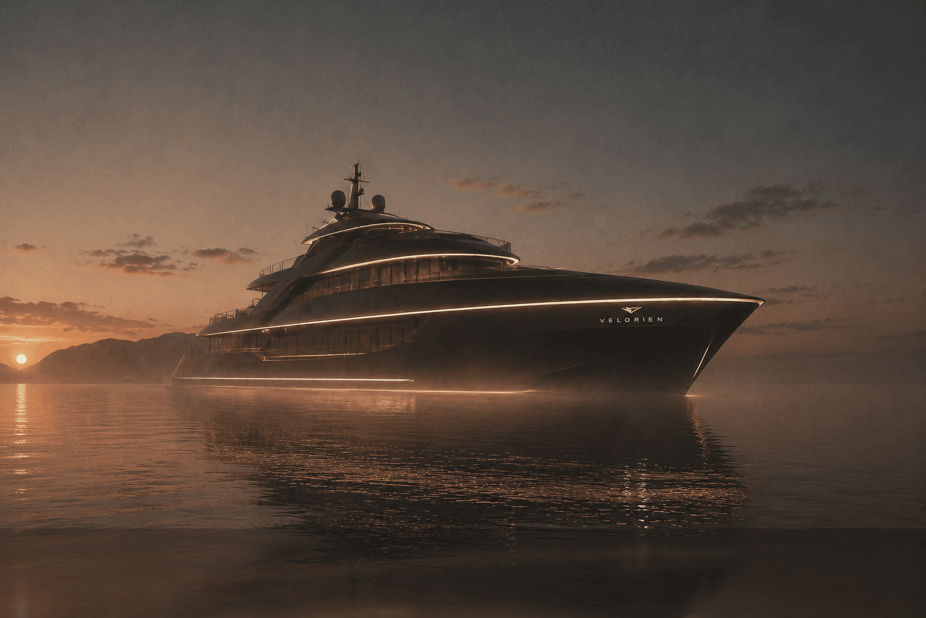 A superyacht at dusk suspended above still water with a wide field of open sky to the left.