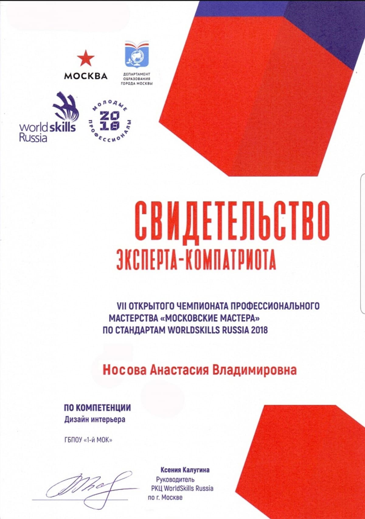 2018 WorldSkills certificate confirming compatriot-expert status in Interior Design under WorldSkills Russia standards.