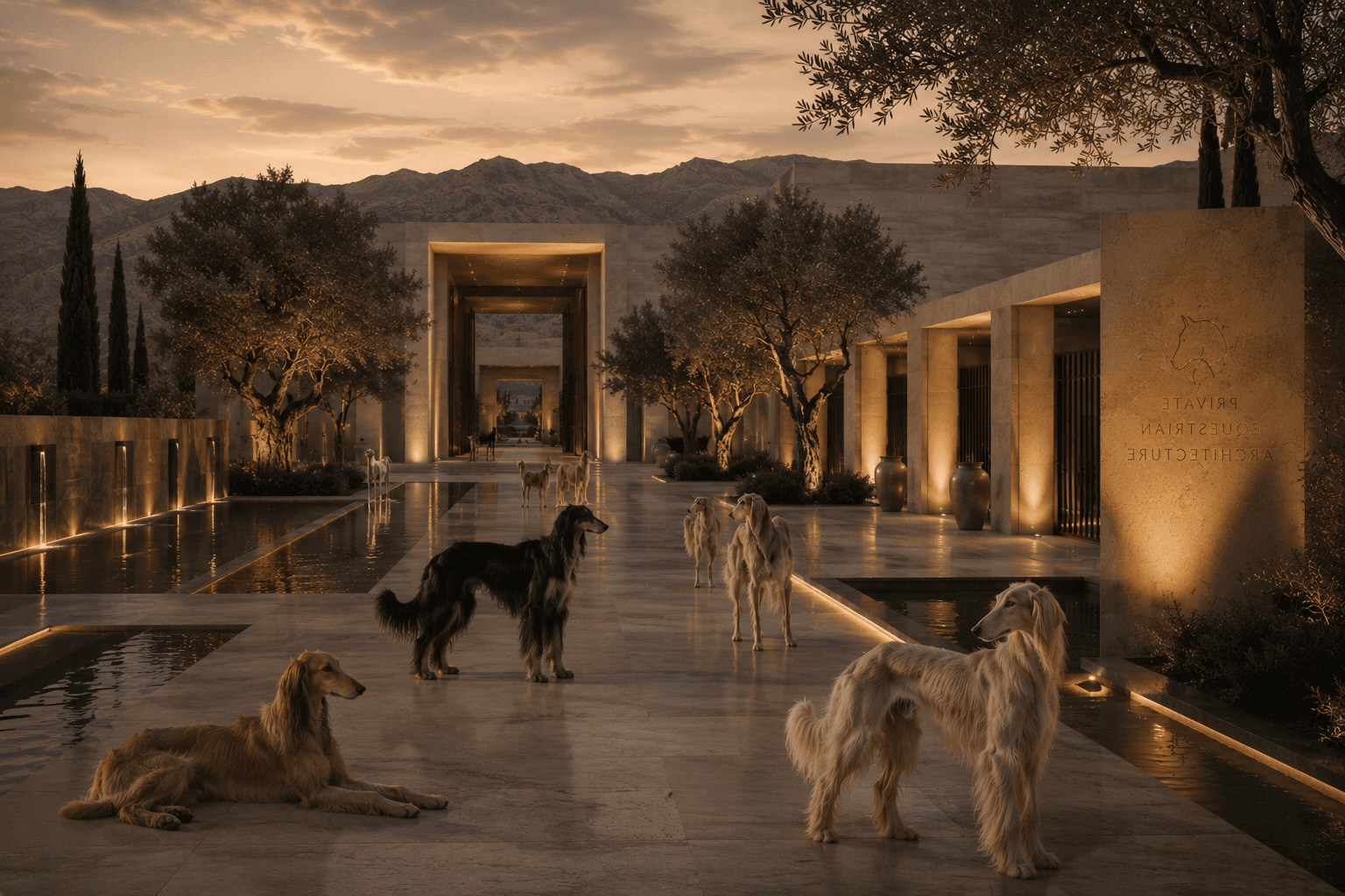 Sighthound Sanctuary ceremonial courtyard at dusk with illuminated stone architecture, reflective water, and sighthounds moving through the approach.