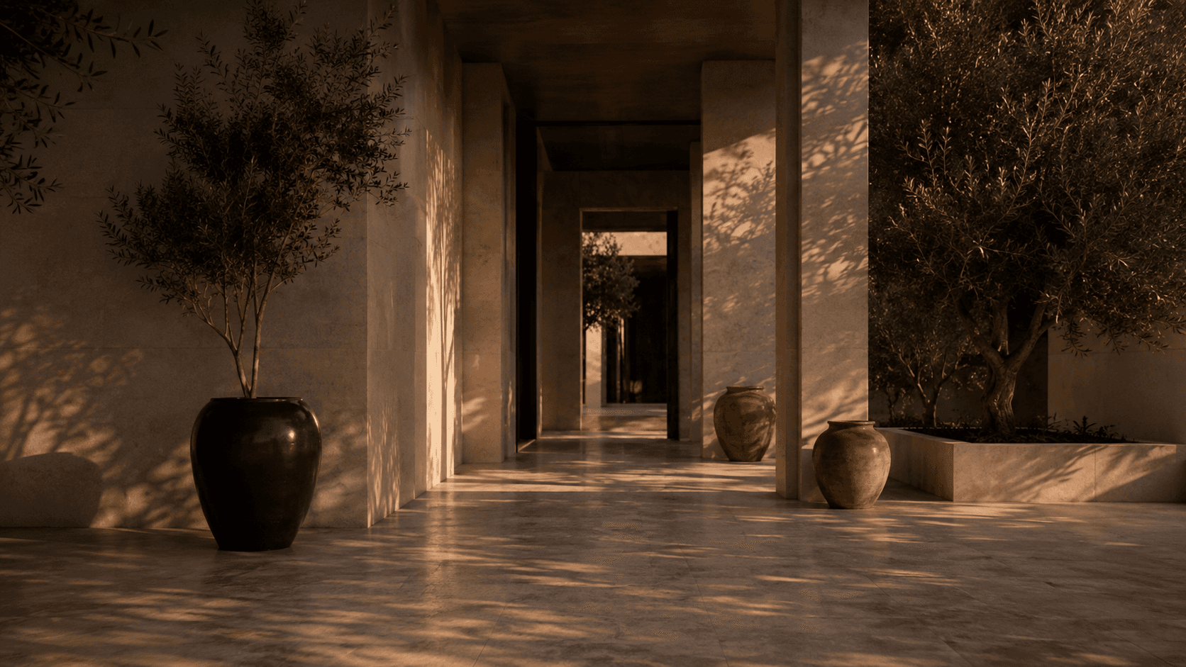 Sighthound Sanctuary stone corridor with warm afternoon shadows, olive trees, and ceramic vessels.
