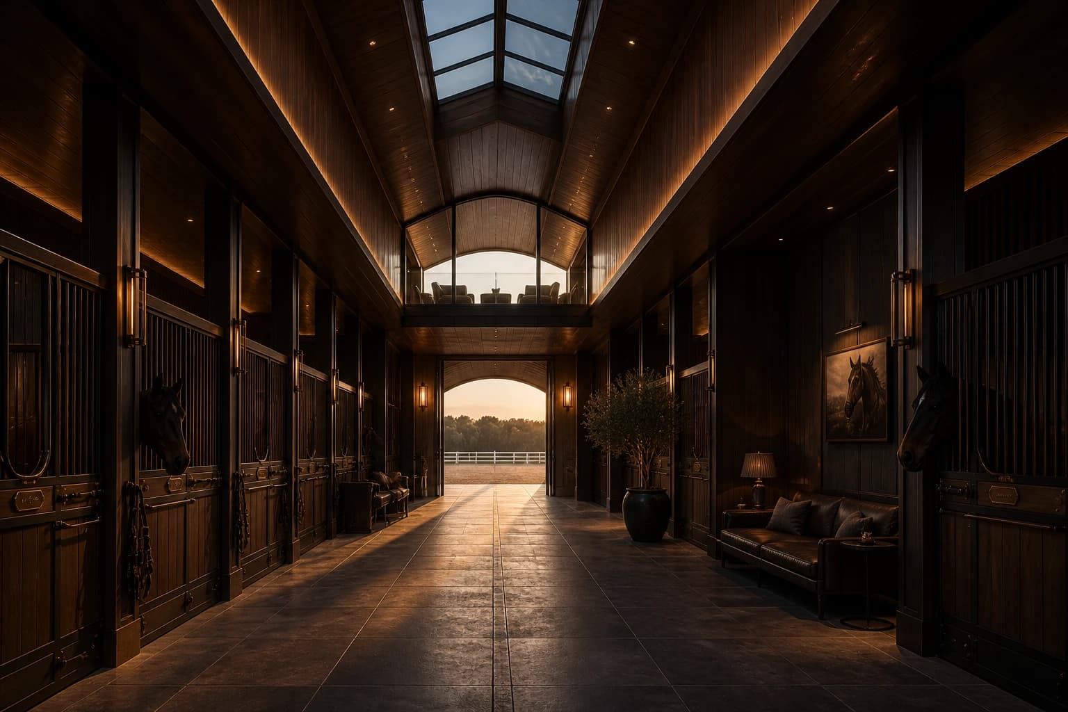 Private Equestrian Architecture stable interior with a skylit ridge, warm timber rhythm, and ceremonial axial passage.