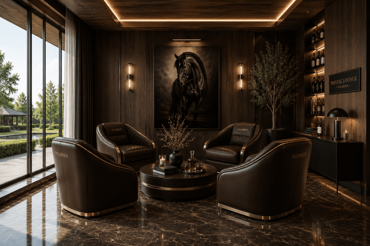 Private Equestrian Architecture lounge interior placing the crafted armchairs within the estate's material setting.