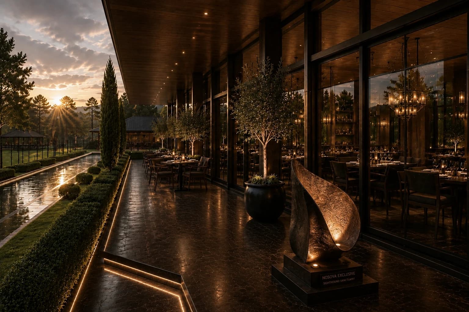 Private Equestrian Architecture evening dining terrace with a reflective water edge and luminous ceiling line.