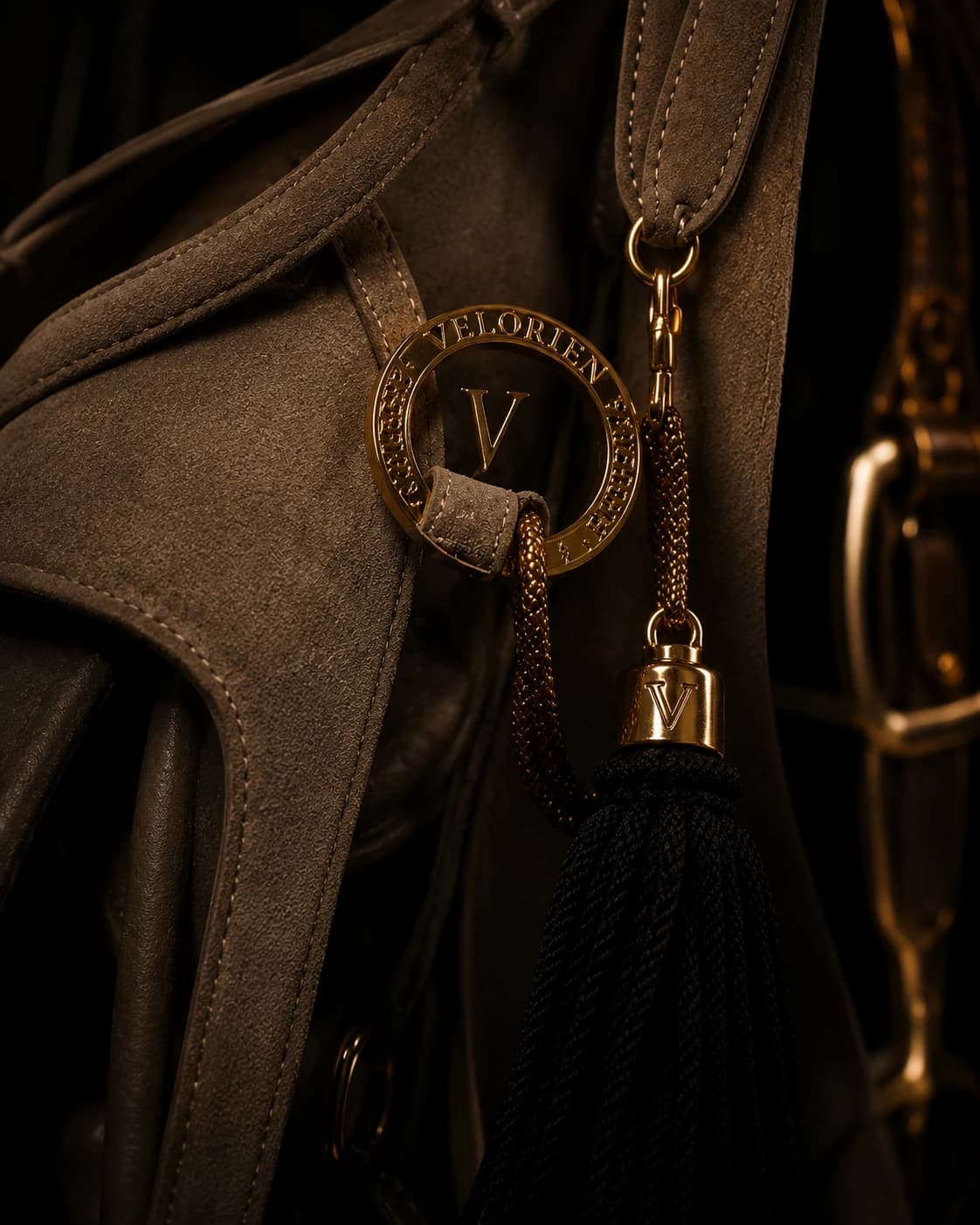 Private Equestrian Architecture leather and bronze tassel detail with the Velorien emblem.