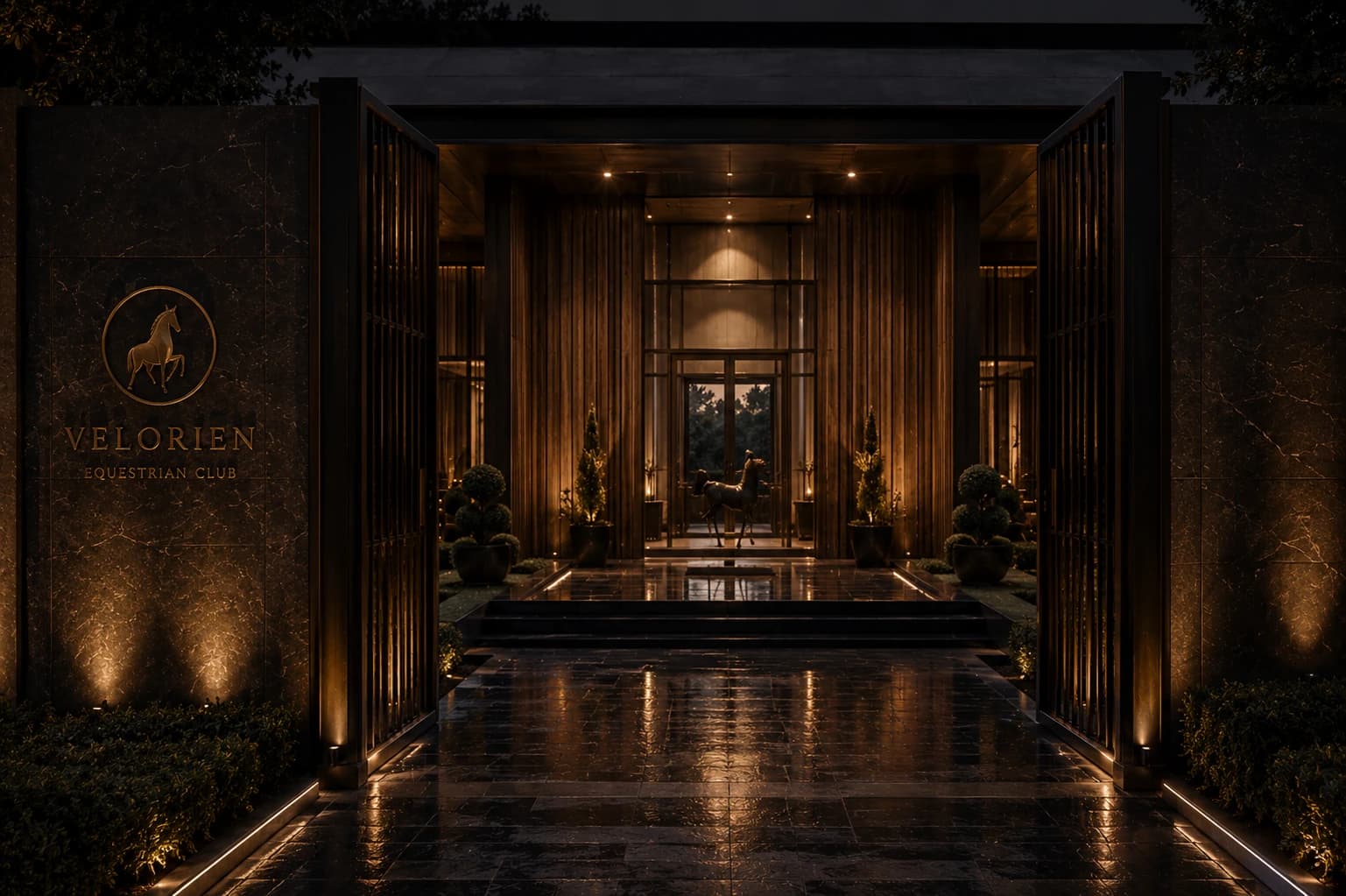Private Equestrian Architecture entrance portal framed by dark stone, open gates, and warm interior light.