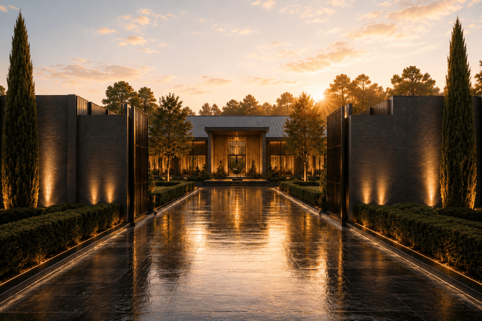 Private Equestrian Architecture entrance axis at sunrise with illuminated stone walls and a reflective central approach.