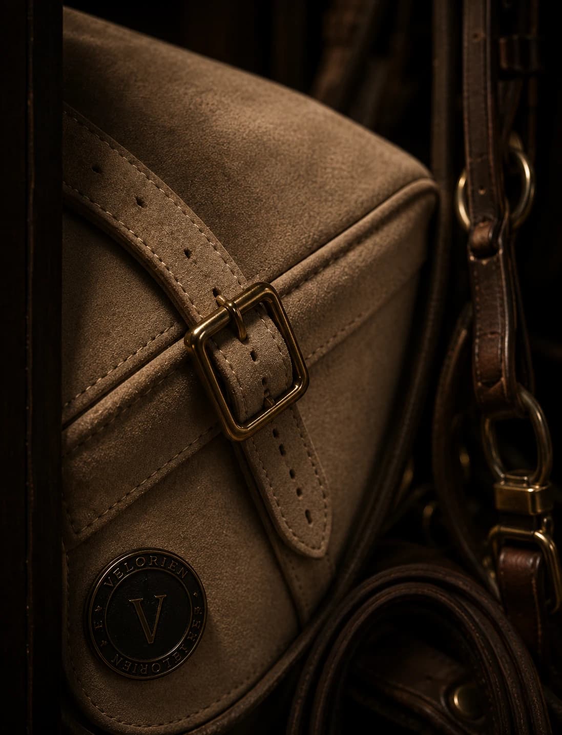 Private Equestrian Architecture leather bag detail with soft saddle tones and bronze hardware.