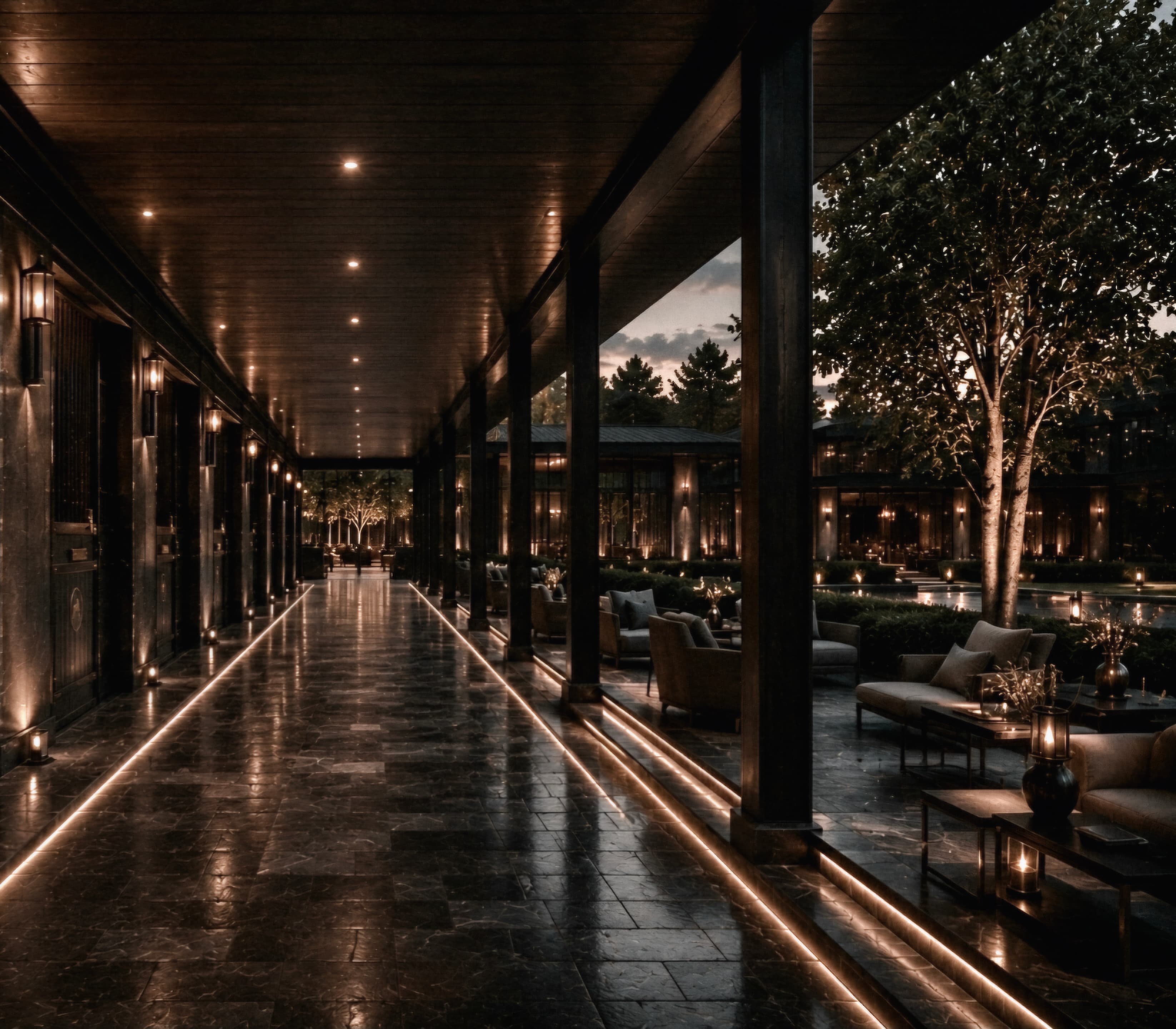 Private Equestrian Architecture dark passage opening toward a sheltered court with evening light traced along the floor.