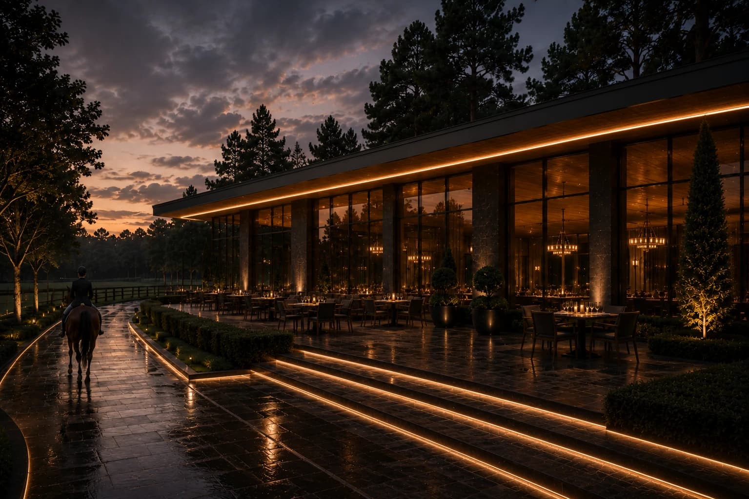 Private Equestrian Architecture long facade glowing at dusk beside a reflective pathway.
