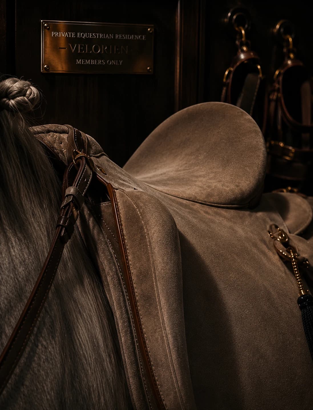 Private Equestrian Architecture saddle detail with dark leather and quiet brass accents.