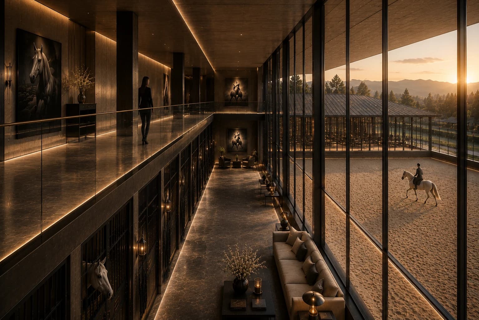 Private Equestrian Architecture stable colonnade with linear skylight, warm timber structure, and framed equestrian movement.