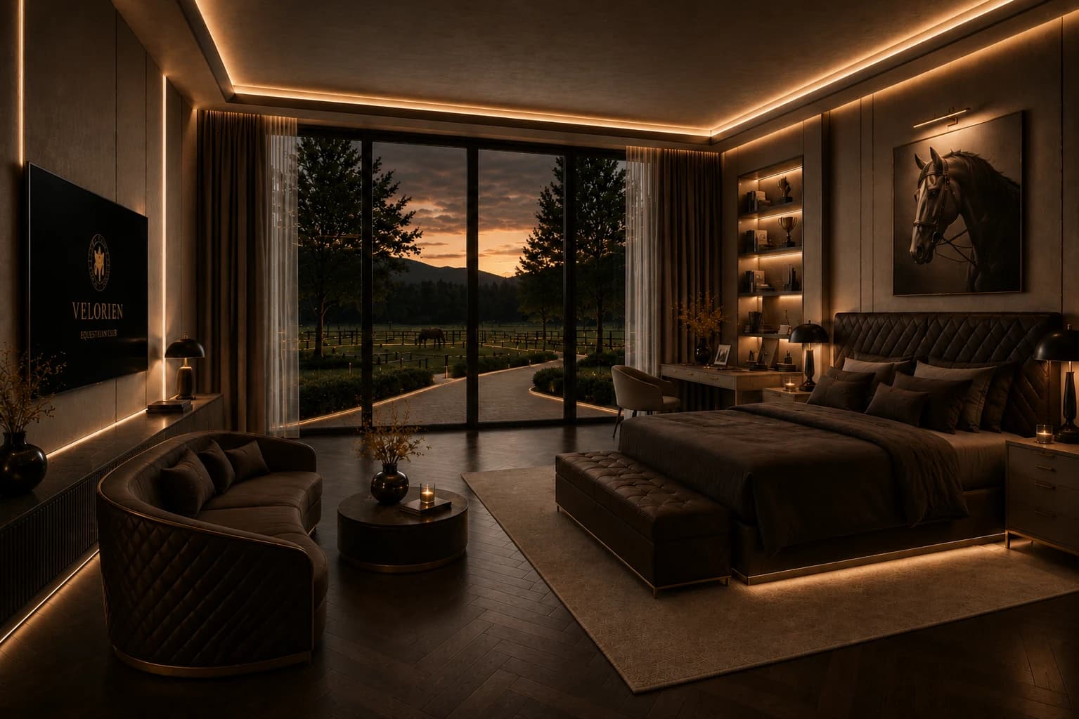 Private Equestrian Architecture suite interior with warm layered lighting and a horizon view.
