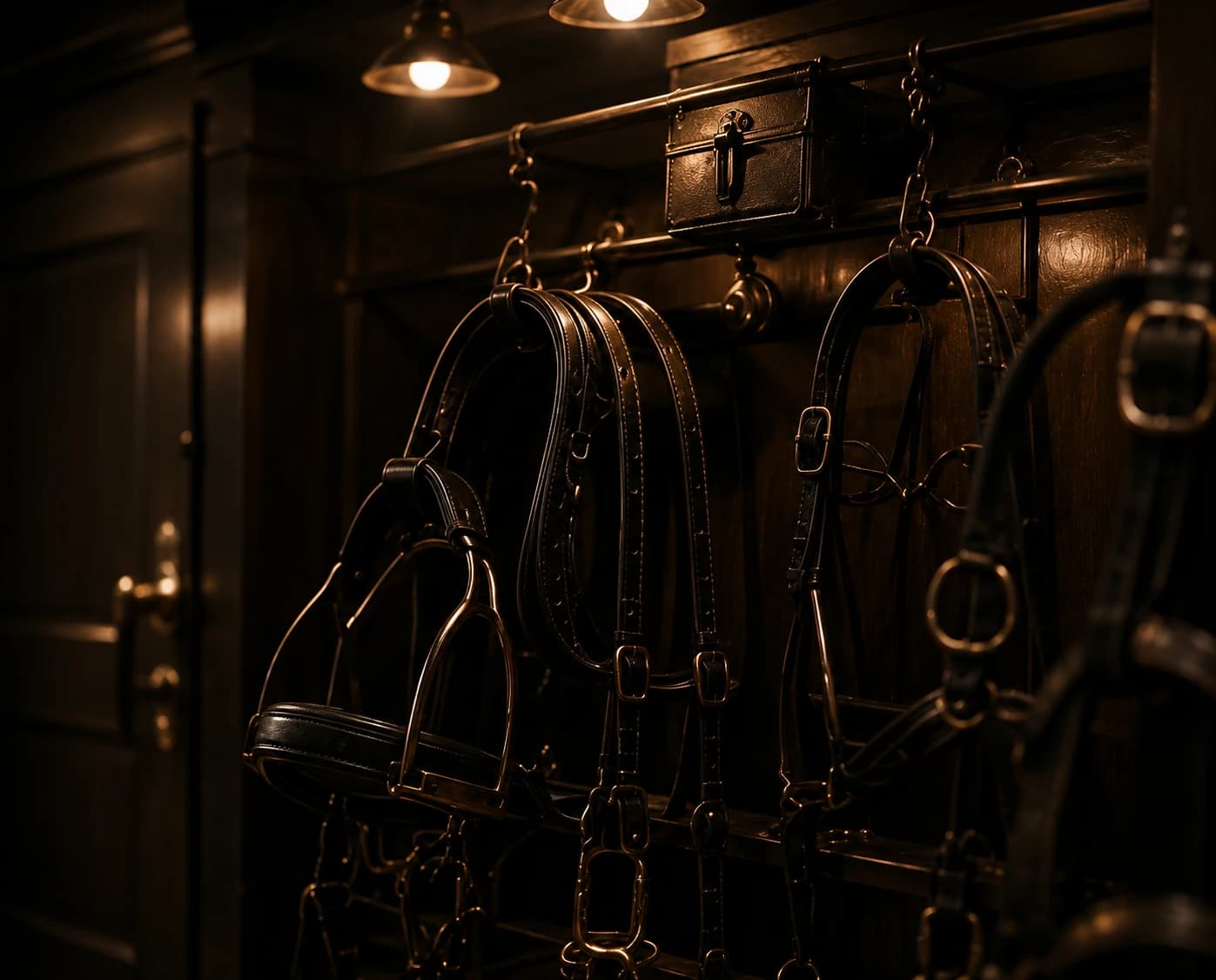 Private Equestrian Architecture tack wall with bridles, leather, and bronze fittings.