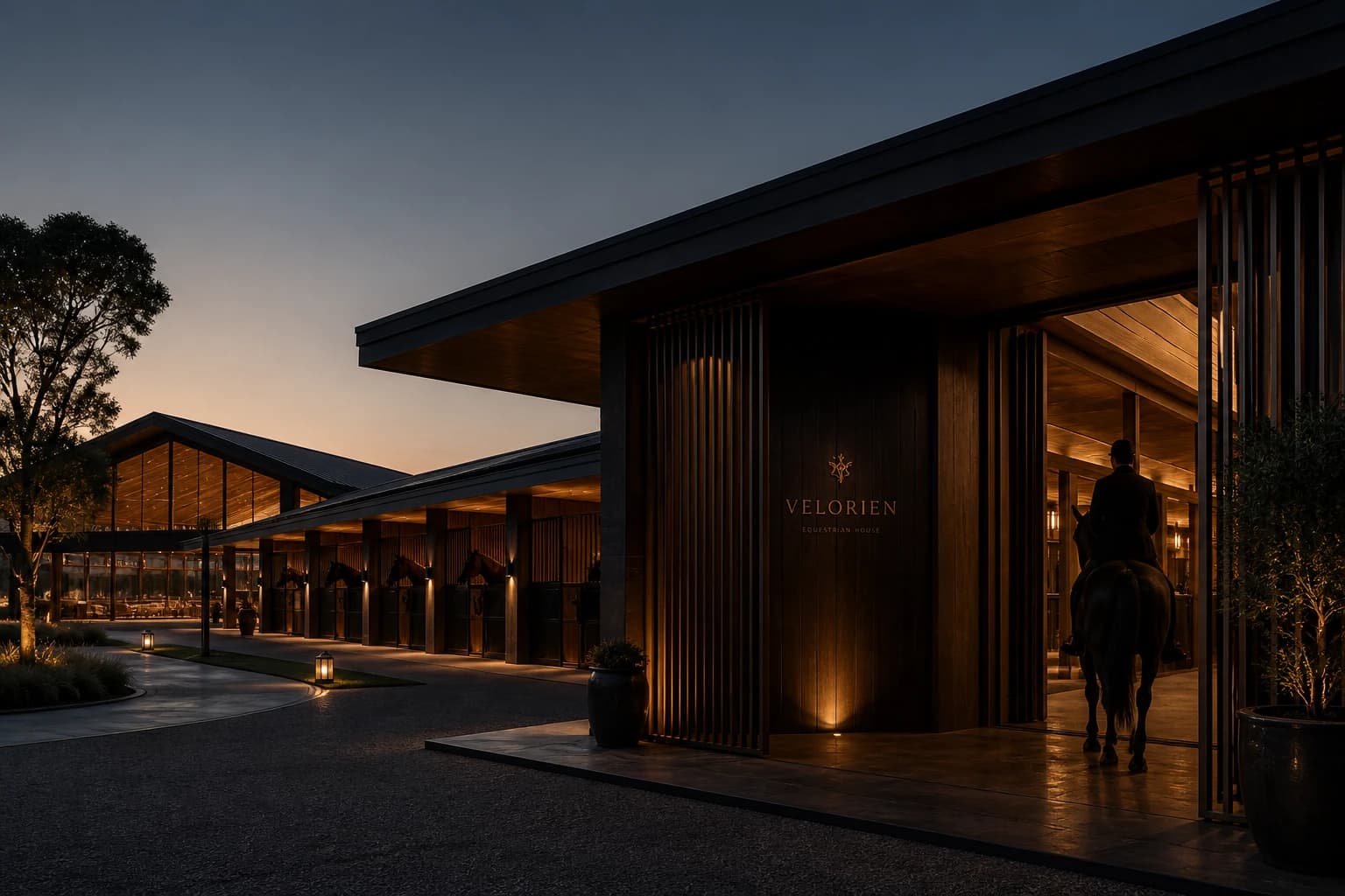 Private Equestrian Architecture threshold pavilion with warm stone walls and a dusk-lit view into the estate.