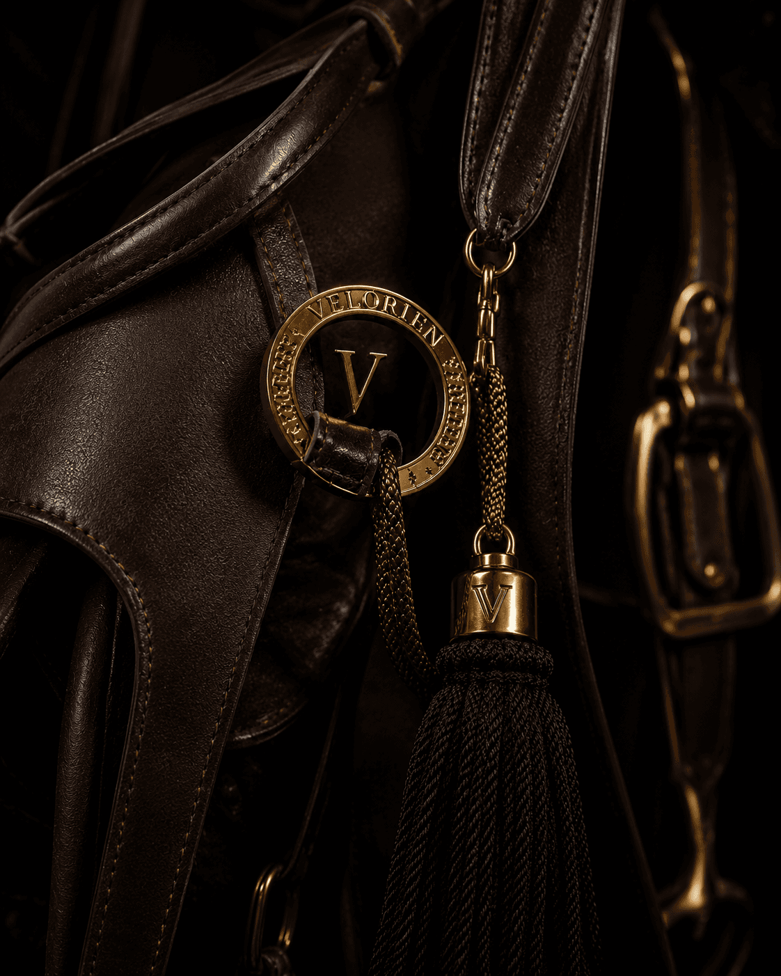 Private Equestrian Architecture Velorien emblem and tassel close-up in leather and polished brass.