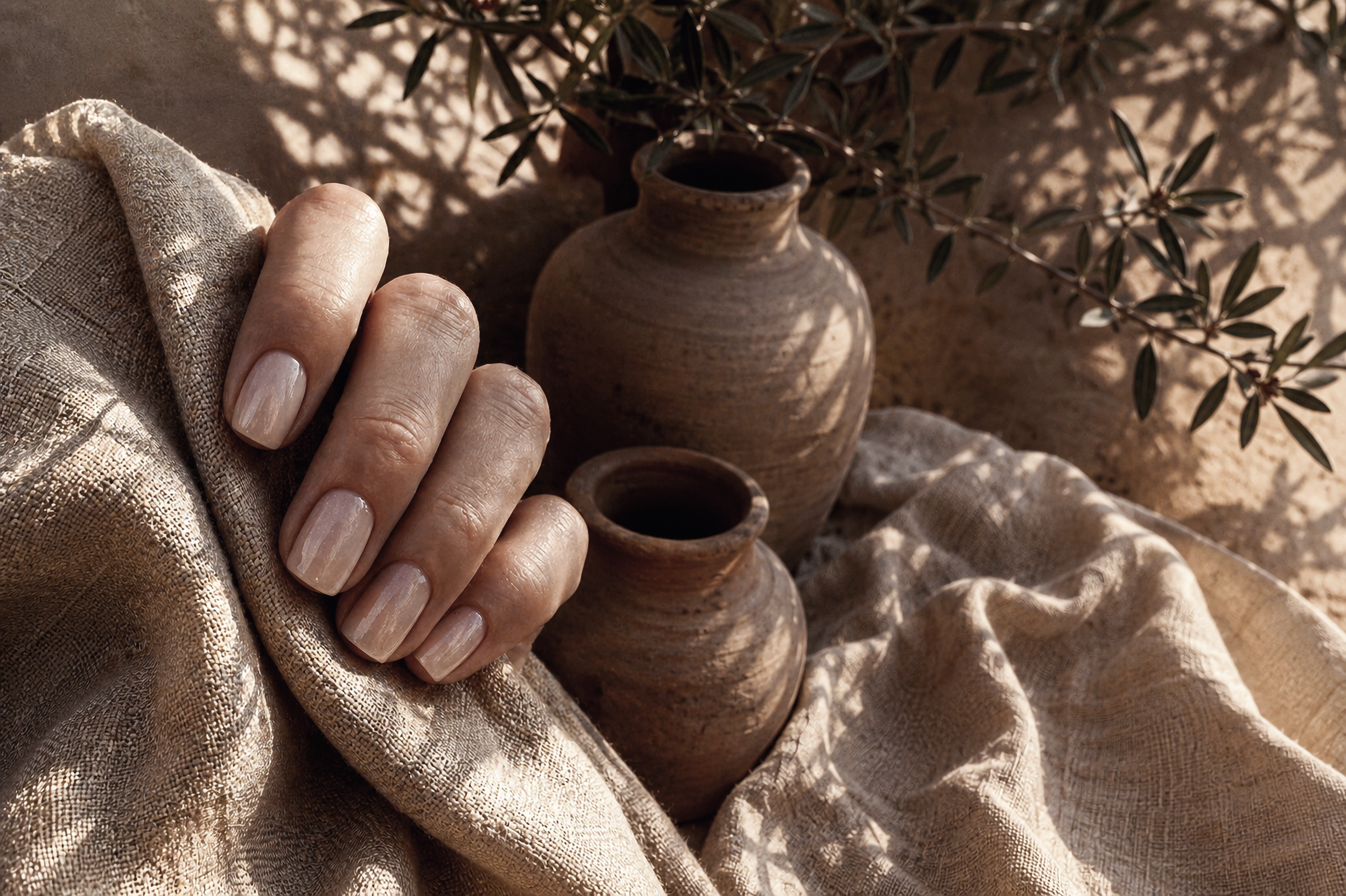Hand resting against draped linen beside earthen vessels in warm natural light