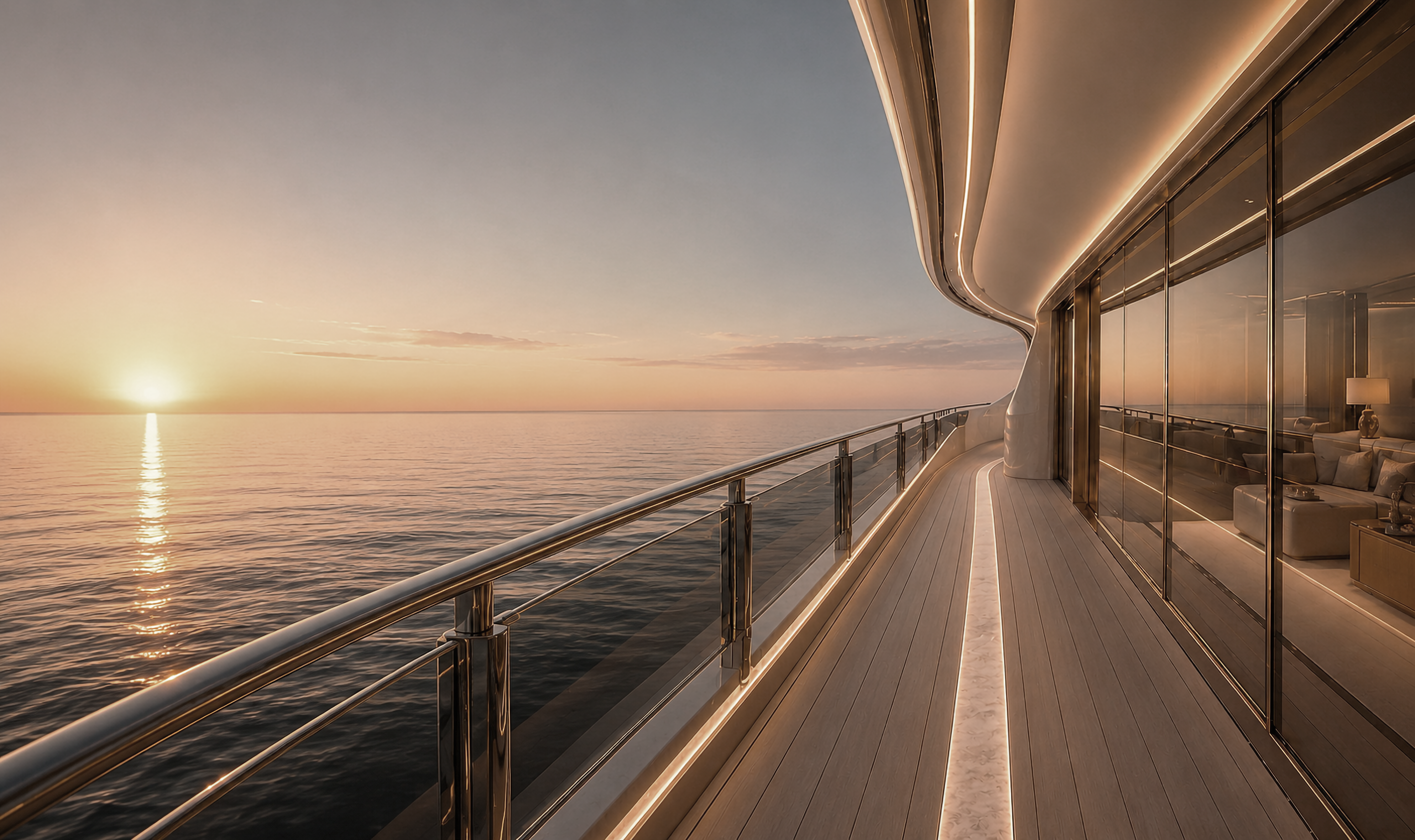 Golden-hour promenade along a private yacht terrace above calm water