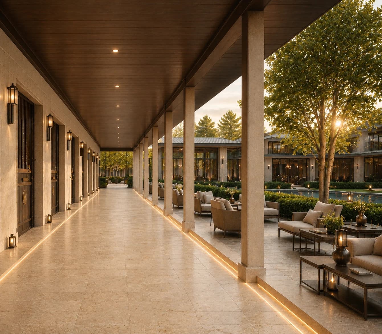Sighthound Sanctuary covered colonnade overlooking a central court.