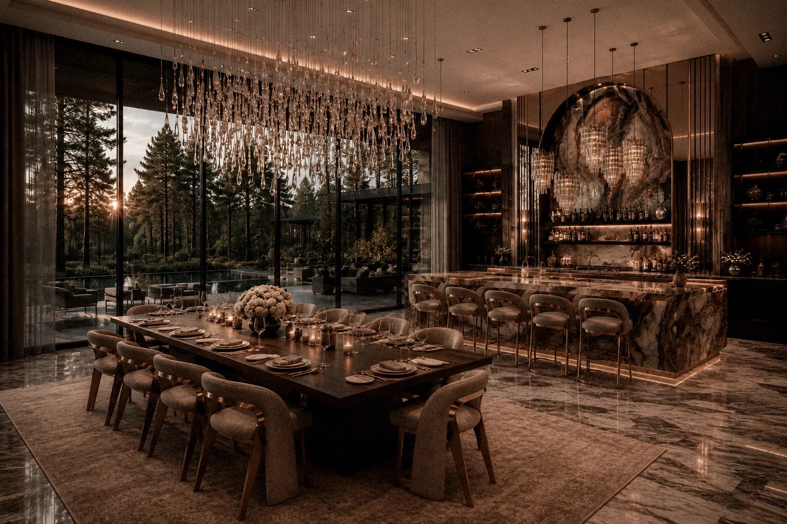 Sighthound Sanctuary hospitality interior with a stone dining table, sculptural chandeliers, and a bar opening toward the landscape.