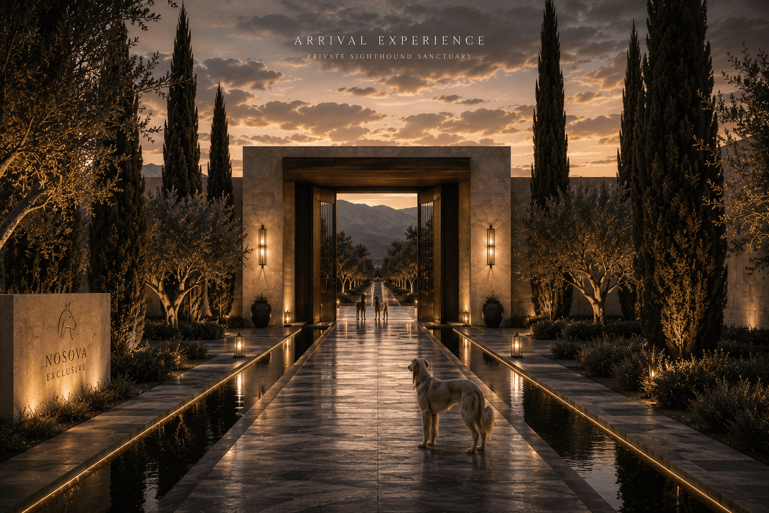 Sighthound Sanctuary gate and reflective approach framed by cypress trees at sunset.