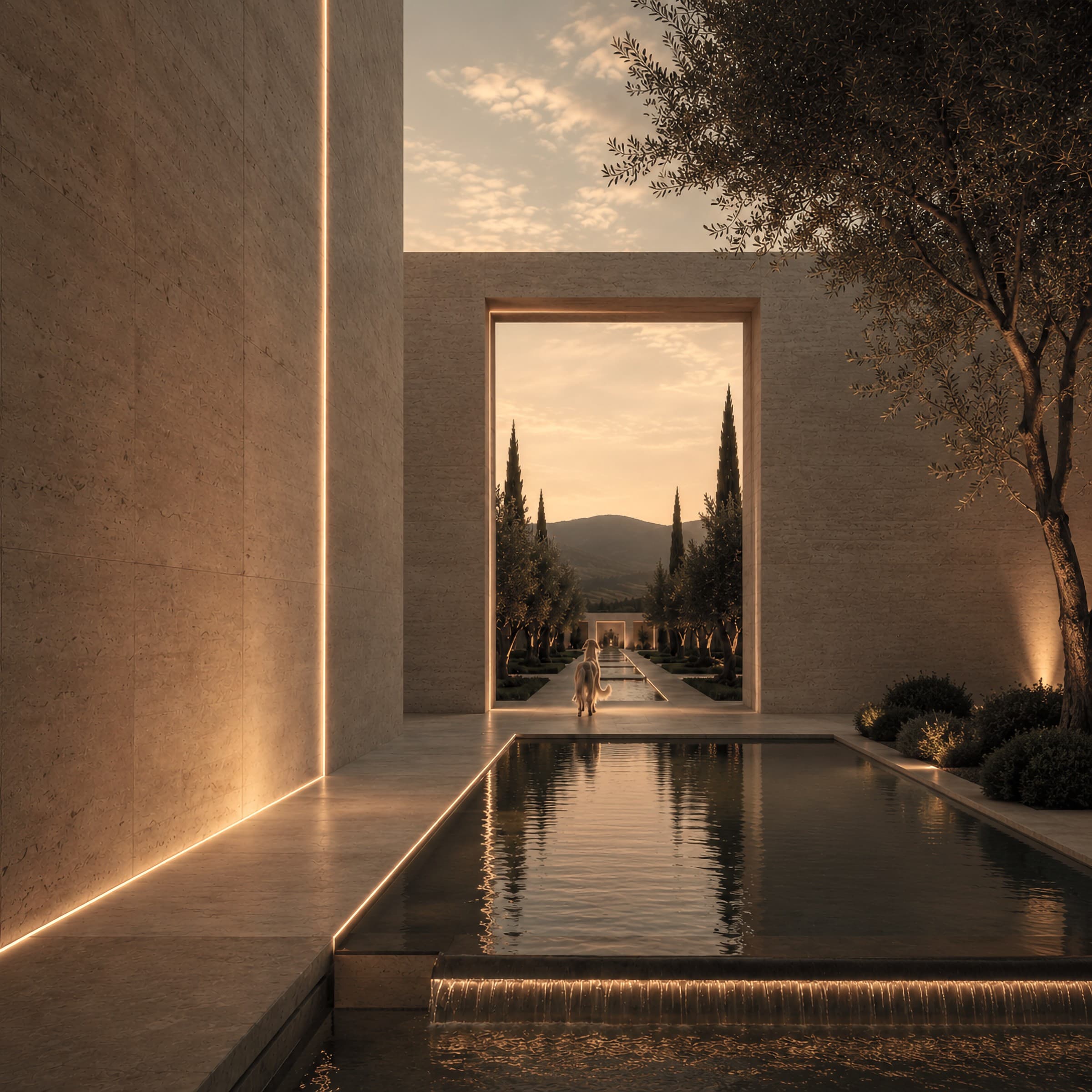 Sighthound Sanctuary framed threshold and reflective water court opening toward the distant landscape at dusk.