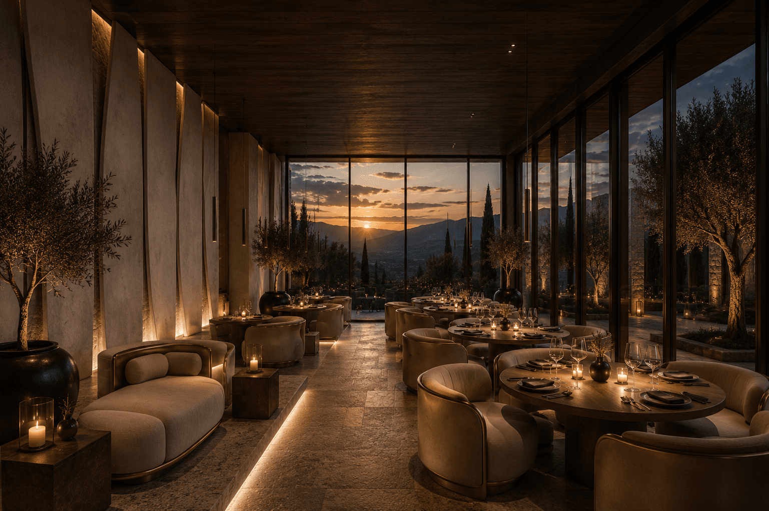 Sighthound Sanctuary covered terrace lounge with evening light, stone flooring, and a view across the landscape.
