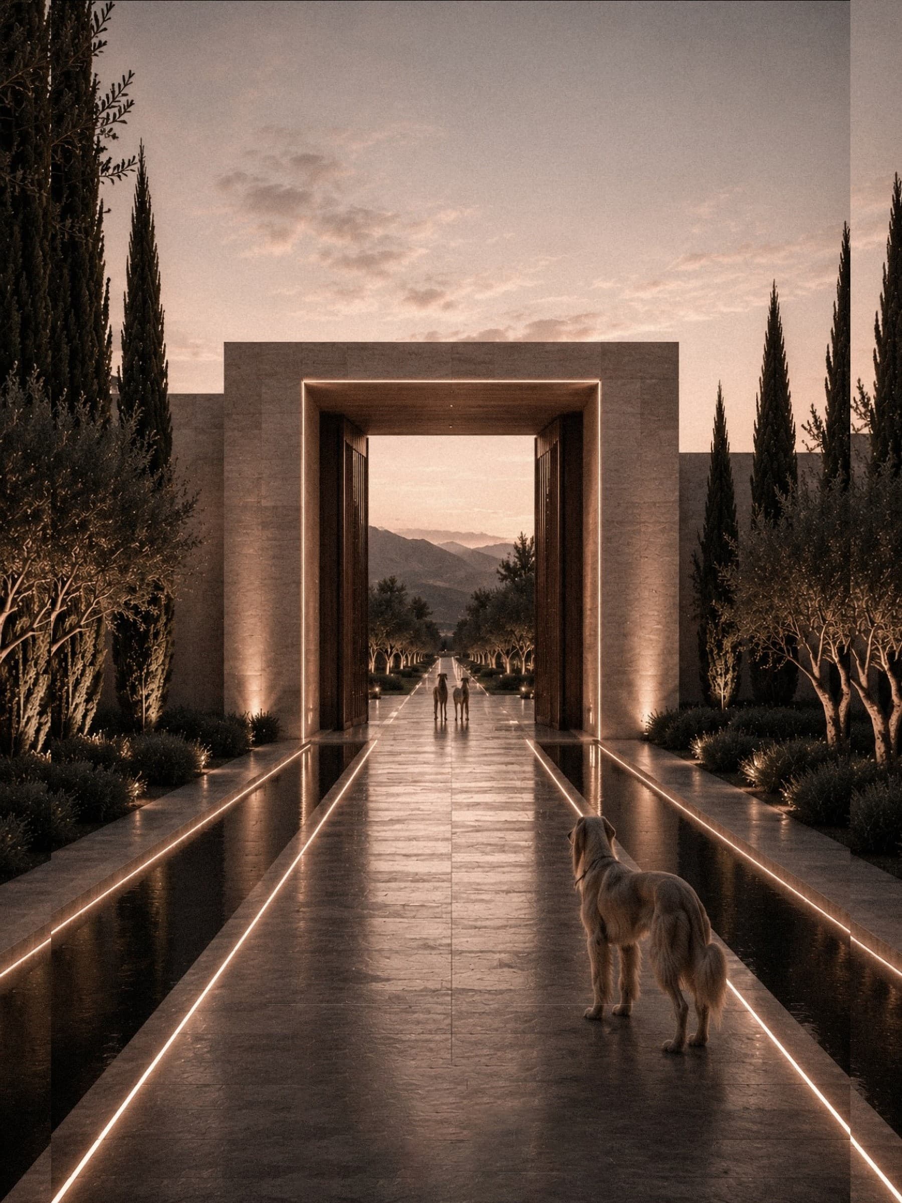 Sighthound Sanctuary illuminated gate and water axis framed by cypress silhouettes at dusk.