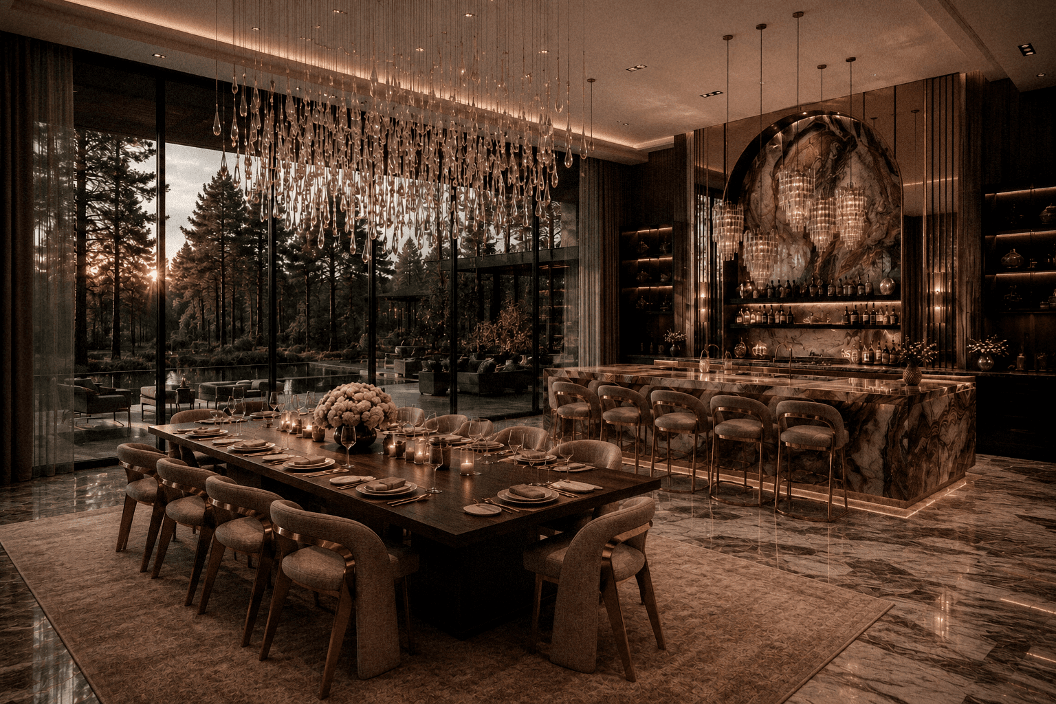 Sighthound Sanctuary interior dining salon with marble bar, chandelier canopy, and evening light through tall glazing.