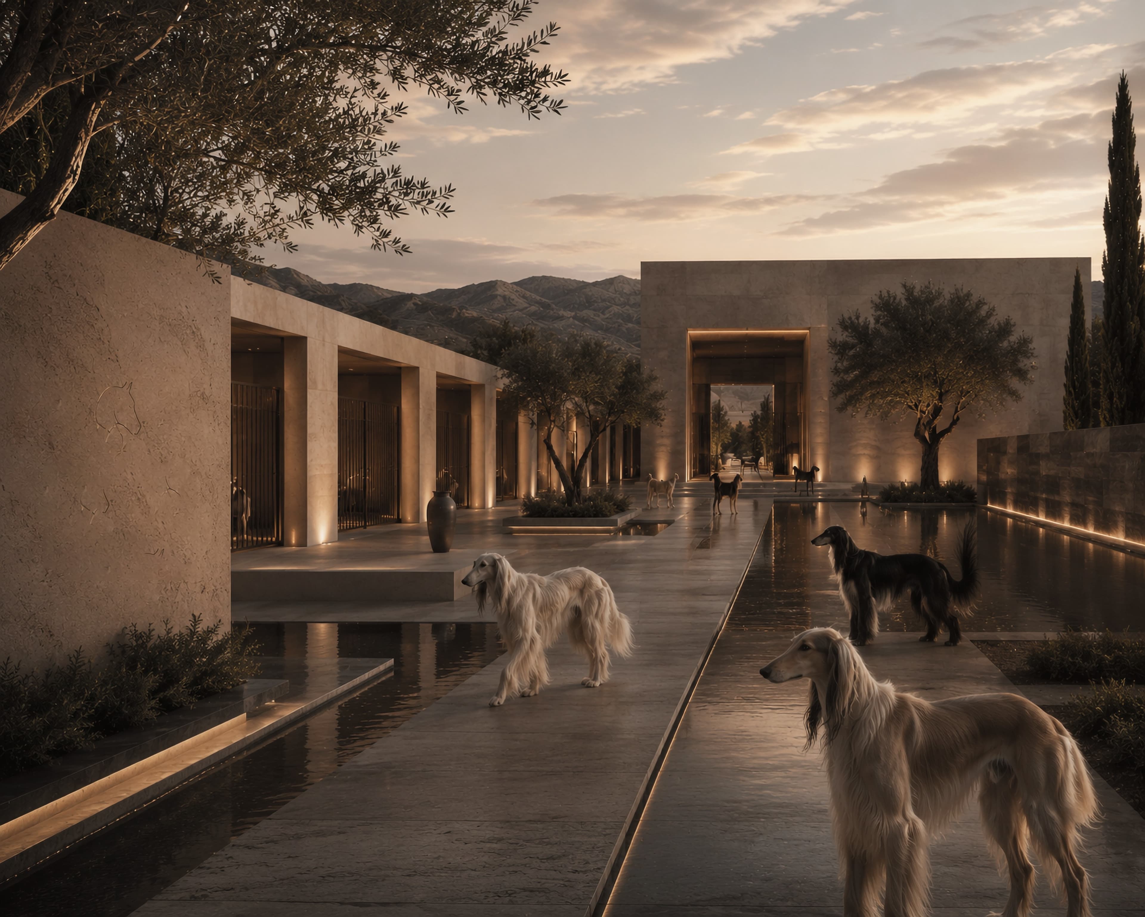 Sighthound Sanctuary courtyard procession with reflective water, evening light, and sighthounds moving through a framed mountain axis.