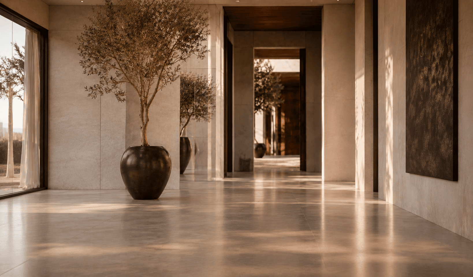 Sighthound Sanctuary interior hall with limestone floor, a vessel with an olive tree, and layered thresholds beyond.