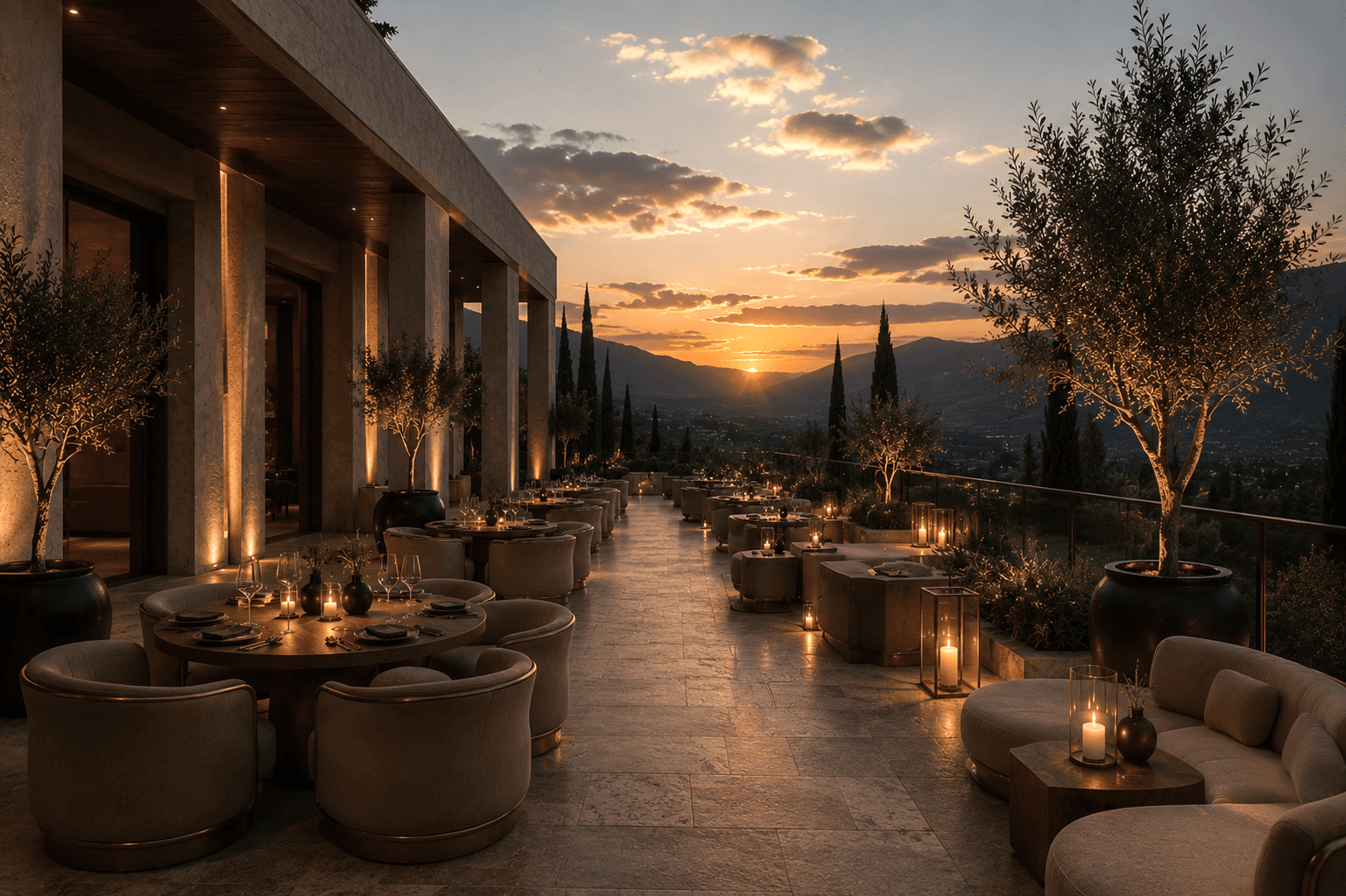Sighthound Sanctuary sunset terrace with lounge seating and a wide valley view.