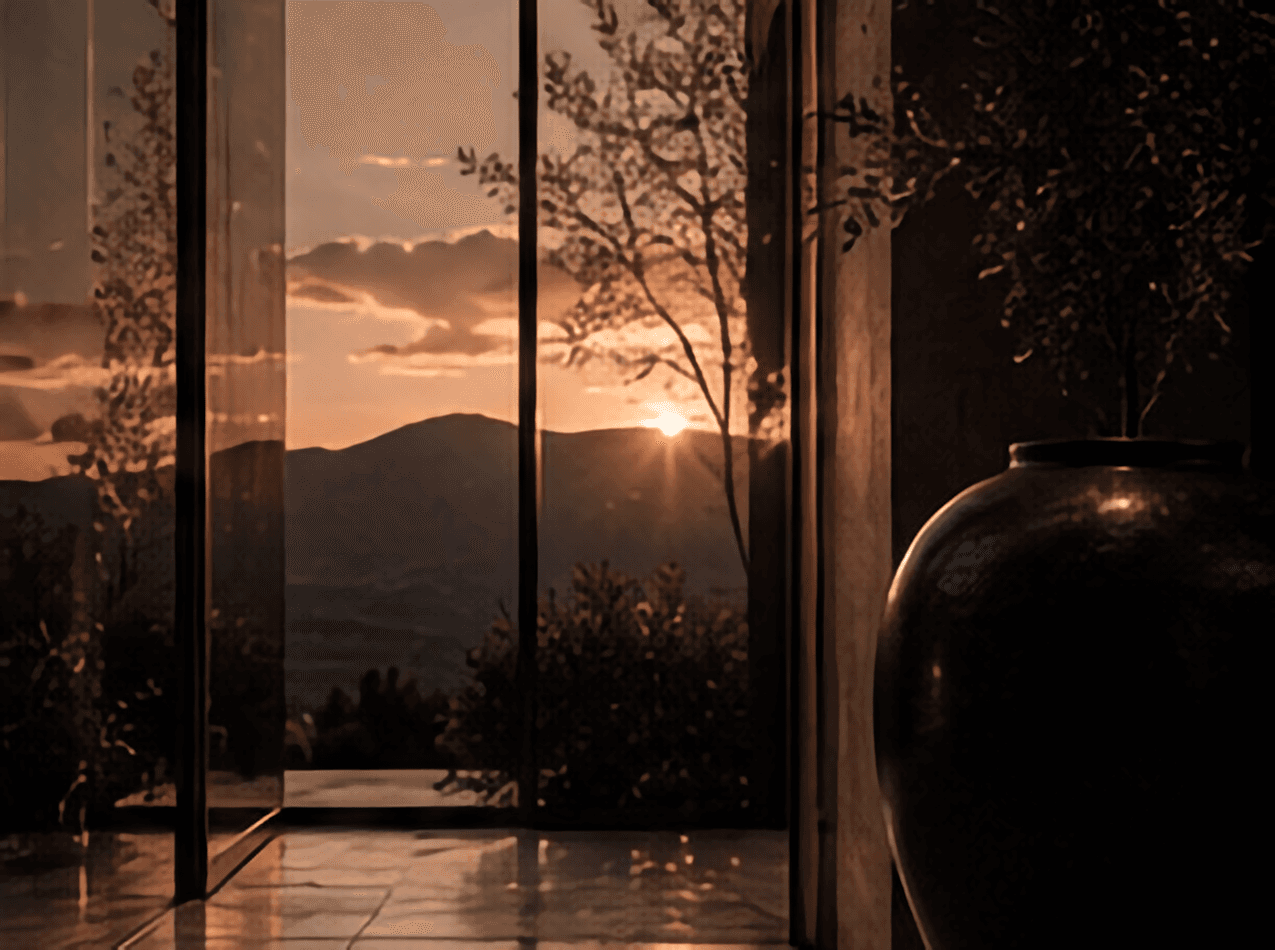 Sighthound Sanctuary sunset threshold framed by glazing, a ceramic vessel, and the distant mountain silhouette.