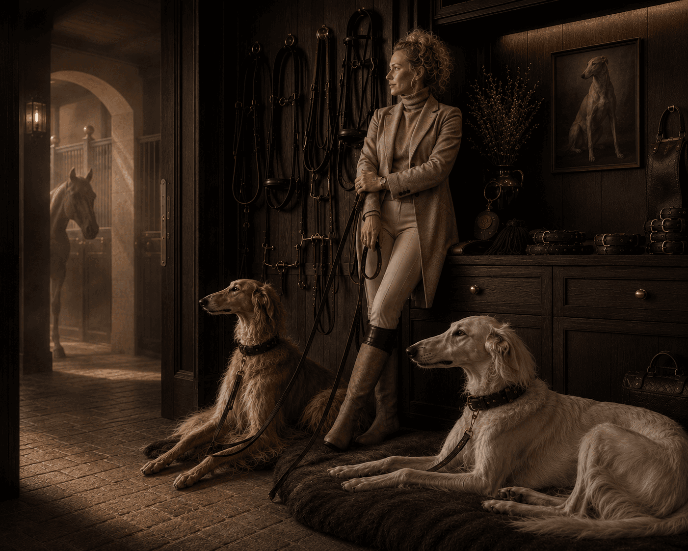 Final Sighthound Sanctuary interior scene with a woman, two sighthounds, and a horse beyond the threshold.
