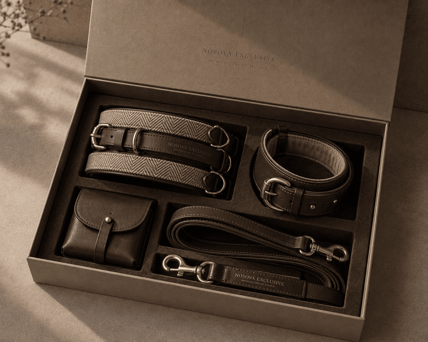 Bespoke sighthound accessories presented inside a tailored case at Sighthound Sanctuary.