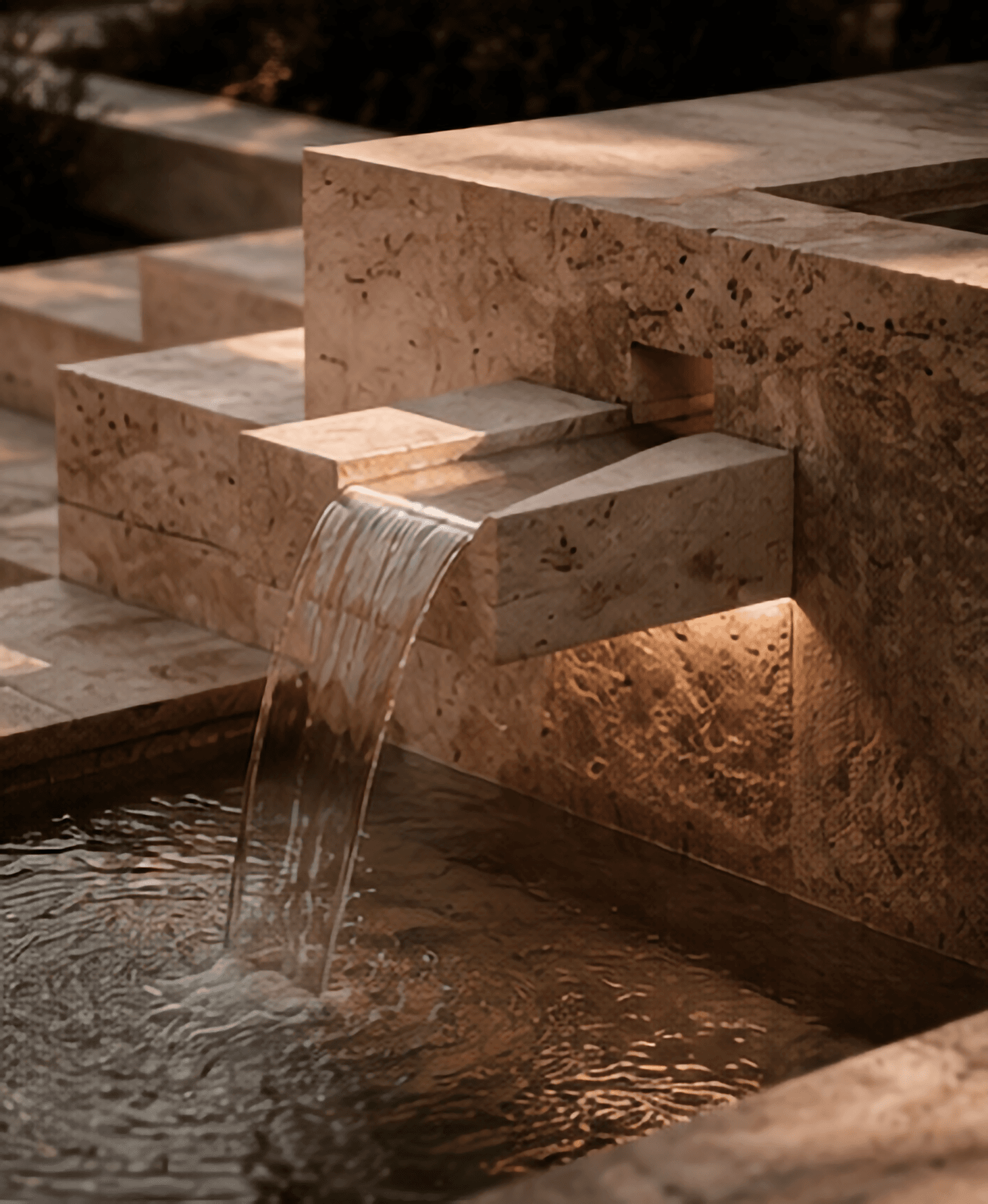 Close detail of carved limestone steps and a warm-lit water spill at Sighthound Sanctuary.