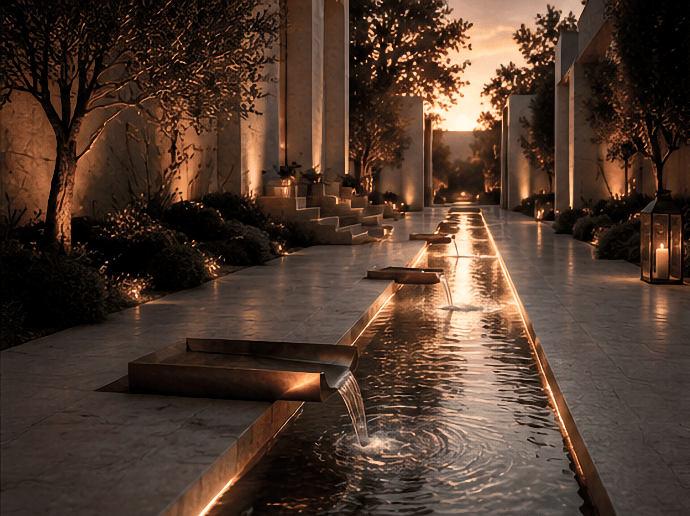 Sighthound Sanctuary illuminated water rill with stepped spillways and planted edges at sunset.